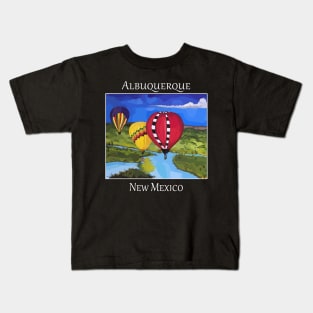 Hot air balloons flying over the river reflecting on the water. Albuquerque New Mexico, Balloon Fiesta. Kids T-Shirt